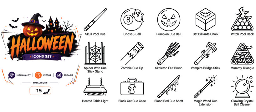 Set of 15 outline icons related to Halloween, billiards - collection of pool cue, ghost, pumpkin, bat, witch, spider web, zombie, skeleton, vampire vector elements