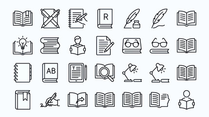 Fototapeta premium Reading and writing line icon set for education and literature