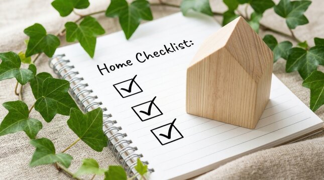 A home checklist on a spiral notepad with a wooden house model and green ivy leaf frame