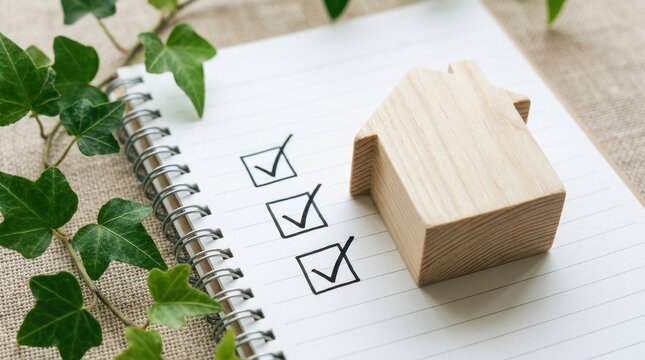 Close up of a wooden house model sitting on a checklist notepad with green ivy foliage