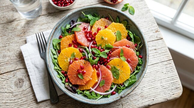 Vibrant Fresh Citrus Salad with Orange, Grapefruit, Pomegranate Seeds and Mint Leaves on Mixed Greens in Ceramic Bowl - Healthy Overhead Flat Lay Food Photography on Rustic Wooden Table