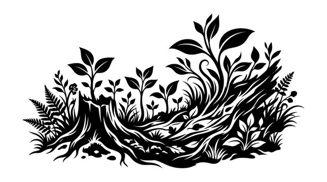 Black and white illustration of a tree stump with new plant growth and roots.