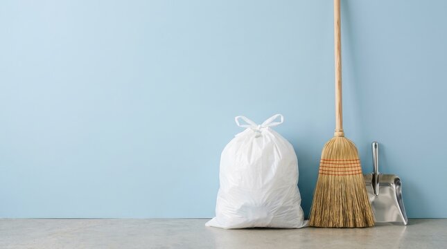 Professional cleaning equipment with a broom dustpan and waste bag on a light blue wall