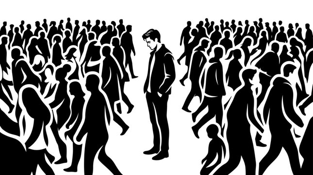 Man stands alone in crowd, loneliness, isolation, social disconnect, individuality concept