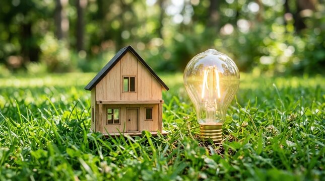 Small wooden house model with glowing light bulb on green grass for sustainable energy concept