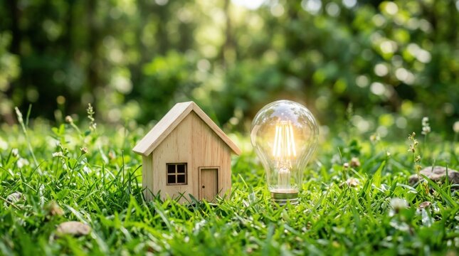 Miniature wooden house and glowing light bulb placed on lush green grass in sunny garden area