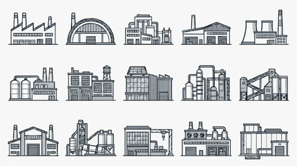 Obraz premium Creative Set of 15 Monochrome Industrial Building Illustrations Showcasing Factories Warehouses and Production Facilities