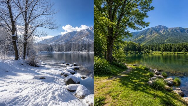 Winter and summer shift across the same mountain lakeside landscape