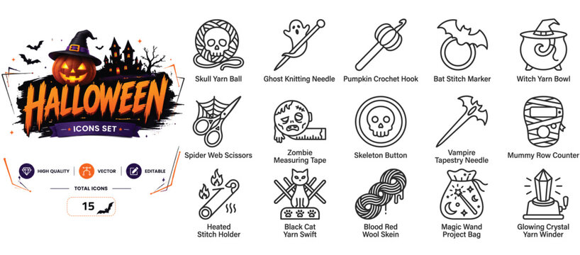 Set of 15 outline icons related to Halloween, knitting - collection of skull, ghost, pumpkin, bat, witch, spider web, zombie, skeleton, vampire, mummy vector elements