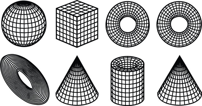Abstract 3D wireframe geometric shapes collection featuring black grid line art primitives like sphere cube torus cone and cylinder