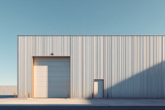 Industrial building facade with large roll-up door and small entry door.