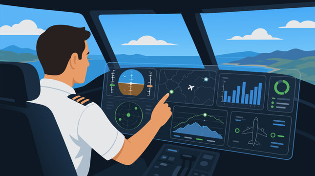 Airline pilot reviewing flight data on transparent cockpit dashboard, digital navigation maps, charts and ocean view, futuristic aviation vector illustration for travel technology systems