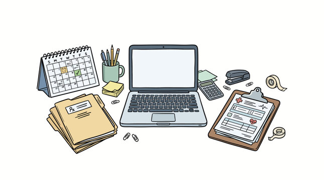 Organized Desk with Laptop Calendar and Office Supplies.