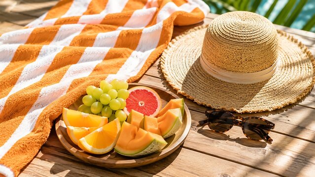 Healthy fruit platter on wooden deck with summer hat and sunglasses.