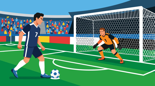 Penalty taker in navy kit sizing up the goal while a focused goalkeeper crouches on the line, dynamic flat vector stadium scene for soccer shootout, pressure, competition and championship drama