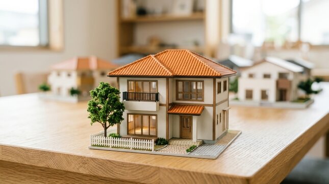 Detailed miniature house model with orange roof on a wooden table in an architect office