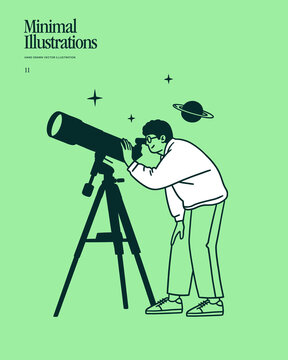 A young man looks through a telescope at the night sky; a flat-style line art vector image. Suitable for themes related to astronomy, science, education, space, hobbies, and web design.