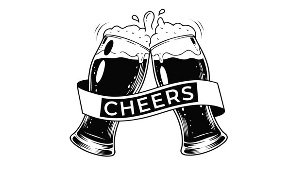 Very beautiful black and white realistic vector illustration of two beer glasses clinking featuring a bold label reading "CHEERS", overflowing foamy heads, classic glassware, simple celebratory compos