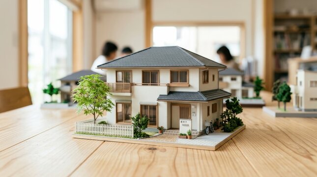 Miniature residential house model on a wooden table with blurred office background scene