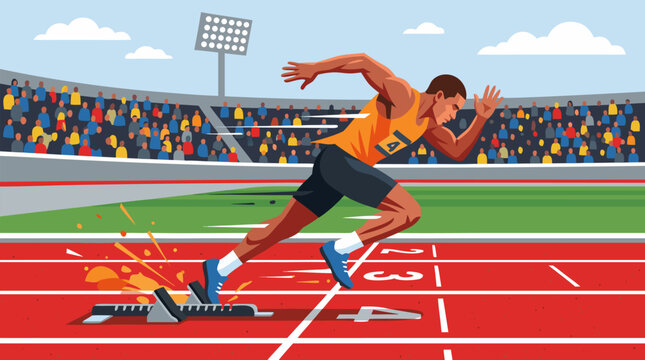 Dynamic male sprinter exploding from starting blocks on red running track in stadium with cheering crowd powerful athletic motion capture for sports fitness motivational posters and athletic apparel