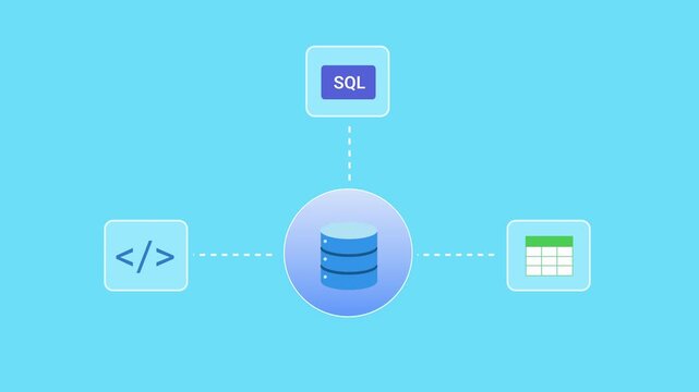 Flat vector illustration of a SQL database network with connected code, SQL, and table icons, representing database management, development, data processing, and digital infrastructure.