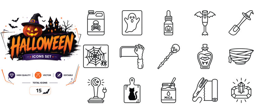 Set of 15 outline icons related to Halloween, crafting - collection of skull, ghost, pumpkin, bat, witch, spider web, zombie, skeleton, vampire, mummy vector elements