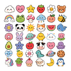 Obraz premium Cute Kawaii Pastel Icon Set with Animals Fruits Clouds Stars and Kids Shirt Graphics