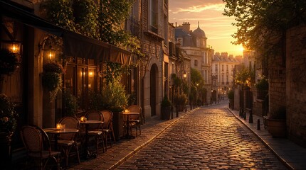 Enchanting European Cobblestone Street at Golden Hour: Historic Stone Buildings Draped in Ivy with Outdoor Café Tables Glowing in Warm Sunset Light - Romantic Old-World Travel Destination
