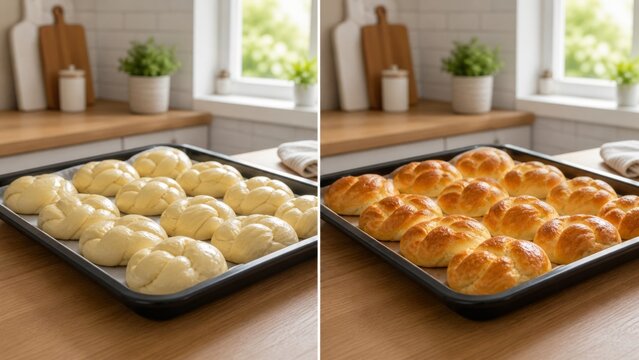 Raw dough versus golden baked pastry on a kitchen tray