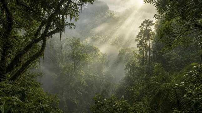 Mystical Tropical Rainforest Canopy with Ethereal Golden Sunbeams Piercing Through Thick Emerald Mist and Lush Verdant Foliage - Serene Pristine Jungle Wilderness Landscape