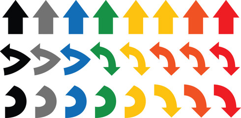 Colorful flat vector arrow icons set featuring straight up pointing pointers and curved u turn navigation signs © MdMunnarul