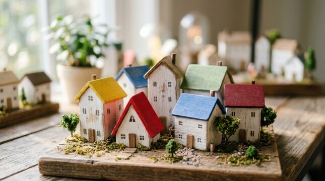 Miniature wooden houses with colorful roofs on a rustic board in a bright sunlit home studio