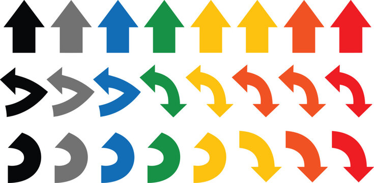 Colorful flat vector arrow icons set featuring straight up pointing pointers and curved u turn navigation signs