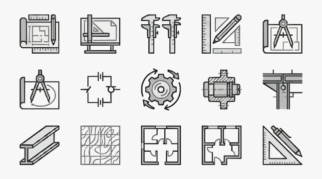 Industrial Black and White Line Icons Set of Engineering Architecture and Technical Tools and Symbols