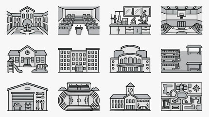 Dynamic Black and White Line Drawing Icons of Various Educational and Institutional Buildings and Interiors © Roja