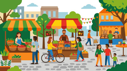 Naklejka premium Colorful farmers market with produce stalls, vendors, shoppers and city trees, lively vector illustration of local food, organic vegetables, community commerce and fresh seasonal lifestyle