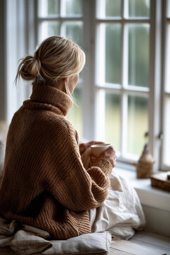 Back view of a blonde woman in a warm brown sweater sitting by the window and holding a hot drink.