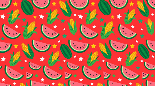 Festive summer picnic pattern with juicy watermelon slices, whole melons, golden corn cobs and cheerful stars on bright red seamless vector background for cookouts, textiles and party decor