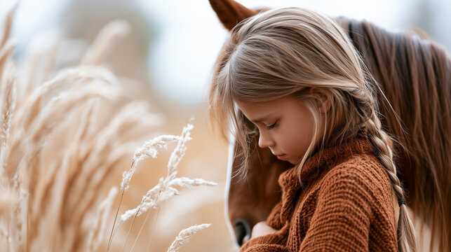 Young blonde girl with a braided hairstyle tenderly leaning against a brown horse in a field of dry pampas grass.