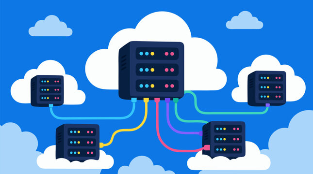 Cloud computing network vector illustration with floating server racks on fluffy clouds, bright connected cables, blue sky backdrop, scalable SaaS data storage and hosting technology concept