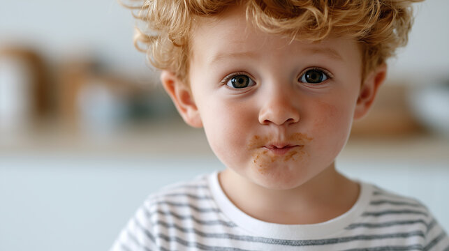 Portrait of a curly-haired young boy looking at the camera with chocolate or food smudges around his mouth.