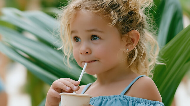 Cute little girl with curly hair drinking a beverage through a straw outdoors.