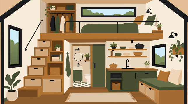 Cozy tiny house interior with lofted bed, stair drawers, compact kitchen, hidden storage, plants, and warm wood finishes, smart small space living vector for minimalist home design