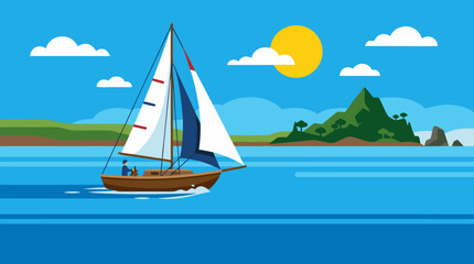 Fototapeta premium Sailboat cruising across calm turquoise water toward a lush distant island under bright sun and clouds, serene travel adventure flat vector illustration for vacation boating tourism