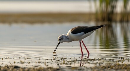 Fototapeta premium Graceful Common Crane Wading through Calm Wetland Water.