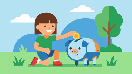 Fototapeta premium Cute child saving money with friendly piggy bank robot, cheerful financial literacy vector illustration in sunny park, kids allowance, fintech companion, budgeting, coins, playful education