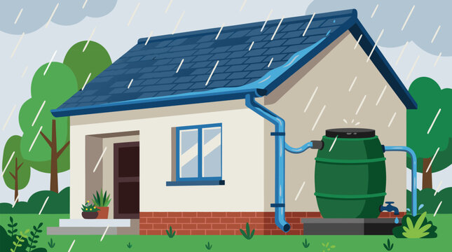 Eco friendly rainwater harvesting barrel connected to a house gutter during a downpour, sustainable home water conservation system in lush flat vector illustration for gardens and green living