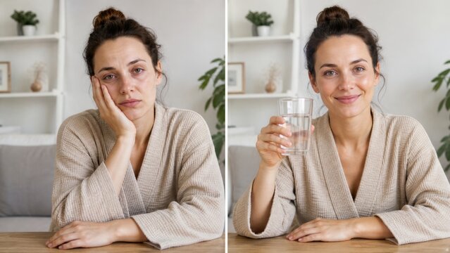 Dehydrated woman versus refreshed hydrated woman in split screen