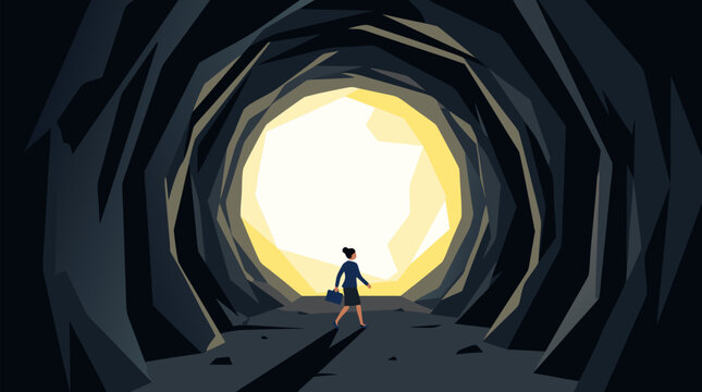 Tiny businesswoman walking toward enormous bright light at the end of a dark tunnel, hope after challenge, career transformation and resilient progress metaphor for opportunity vector illustration
