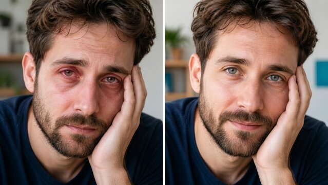 Tired eyes versus rested eyes in split screen